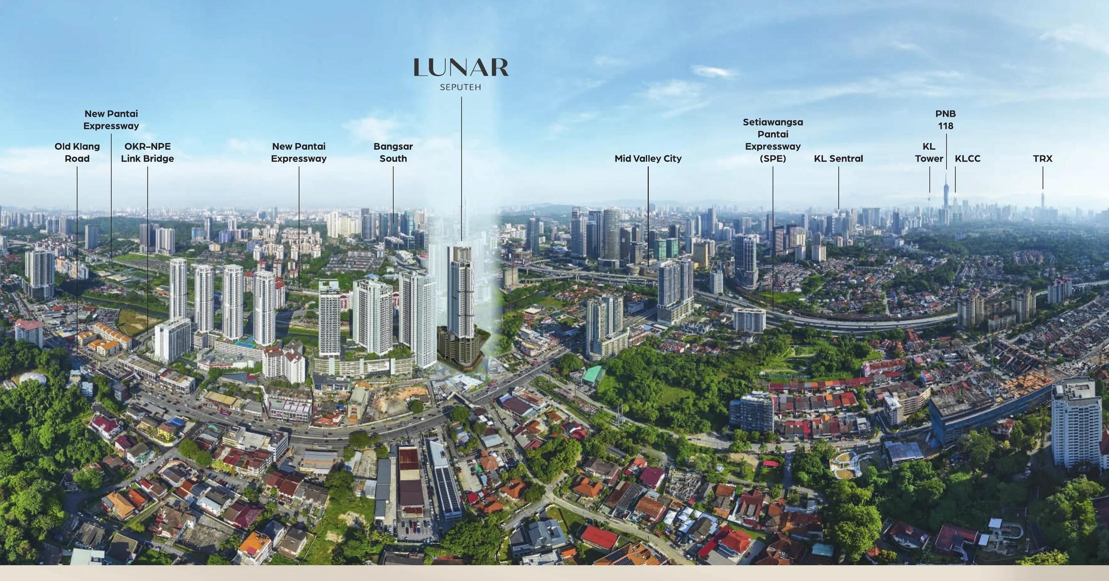 Location map showing Lunar Seputeh at 9 Seputeh connecting to New Pantai Expressway, Old Klang Road, OKR-NPE Link Bridge, Bangsar South, Mid Valley City, SPE, KL Sentral, PNB118, KL Tower, KLCC and TRX