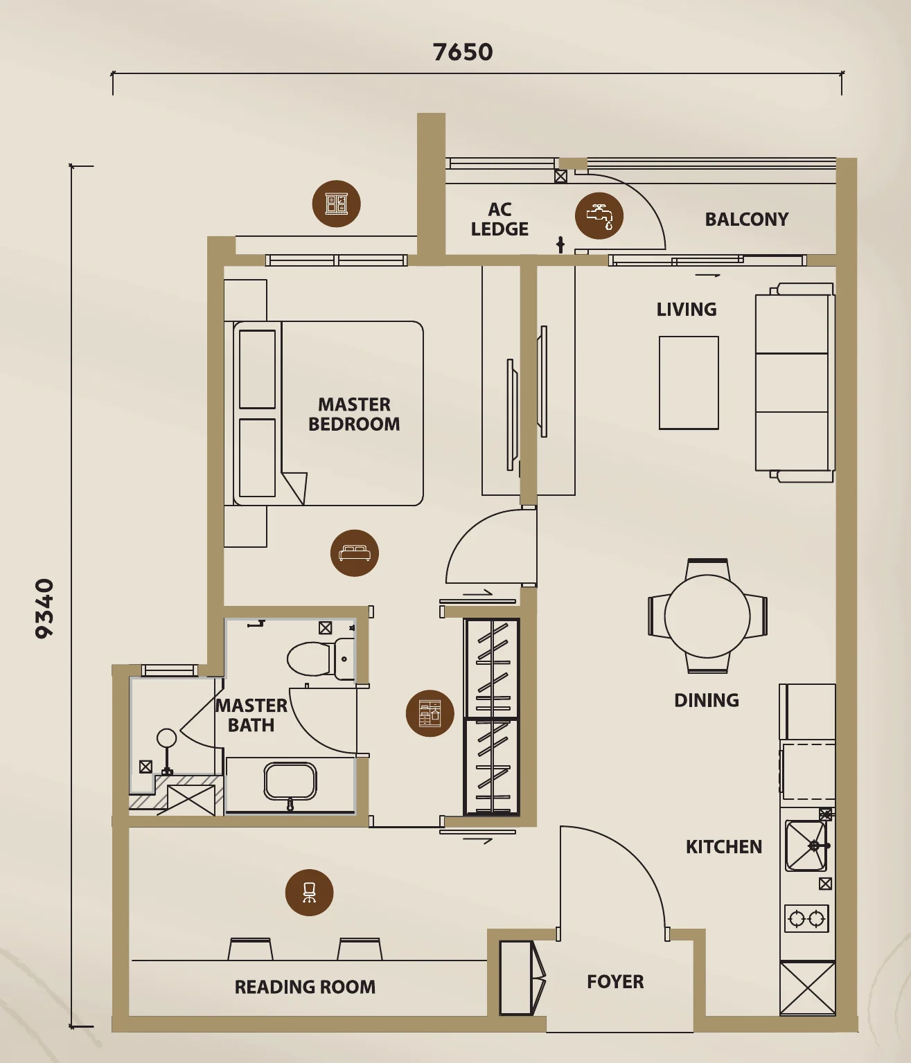 Lunar Seputeh Type A floorplan &mdash; 683 sq ft, 1+1 bedroom, 1 bathroom