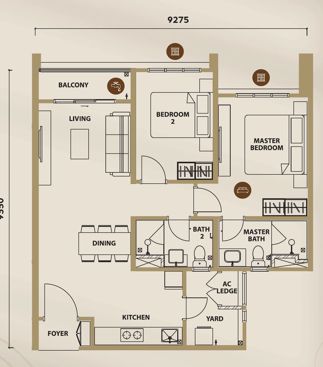 Lunar Seputeh Type B1 floorplan &mdash; 841 sq ft, 2 bedrooms, 2 bathrooms