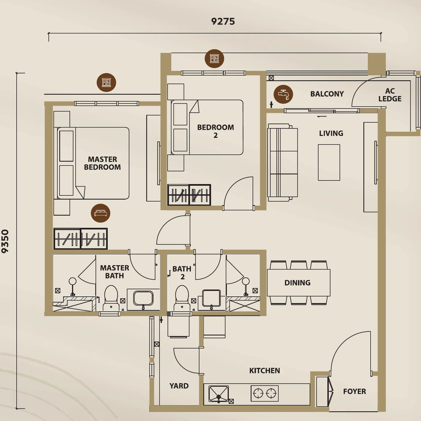 Lunar Seputeh Type B1A floorplan &mdash; 841 sq ft, 2 bedrooms, 2 bathrooms