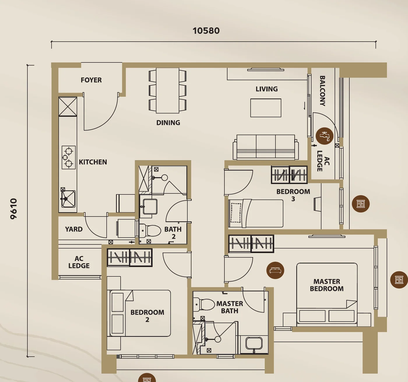 Lunar Seputeh Type B2 floorplan &mdash; 930 sq ft, 3 bedrooms, 2 bathrooms