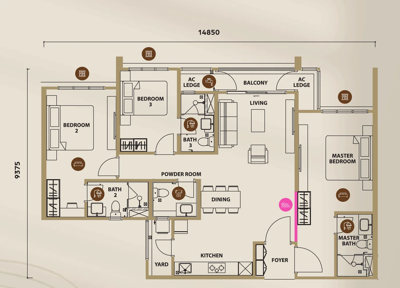 Lunar Seputeh Type C1 floorplan with dual key &mdash; 1,280 sq ft, 3 bedrooms