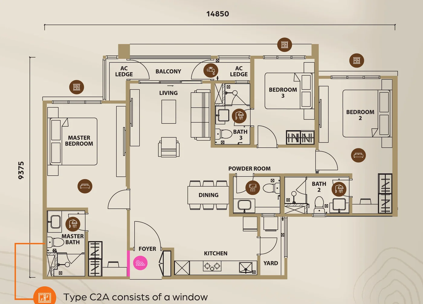 Lunar Seputeh Type C2/C2A floorplan &mdash; 1,280 sq ft, 3 bedrooms
