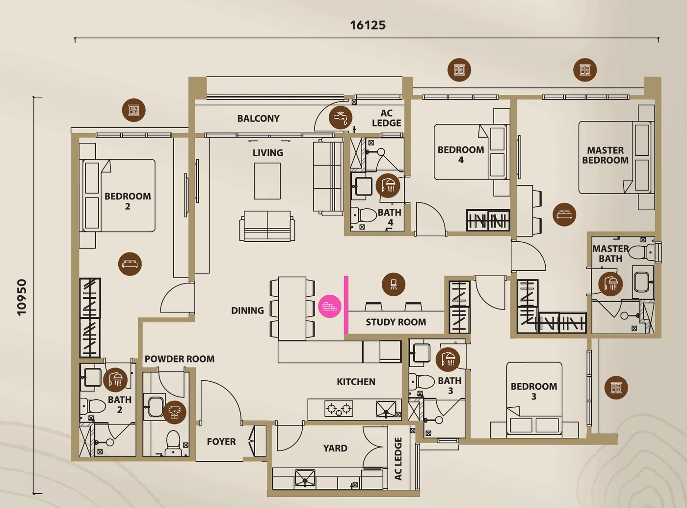 Lunar Seputeh Type D floorplan &mdash; 1,646 sq ft, 4+1 bedrooms, 4 bathrooms